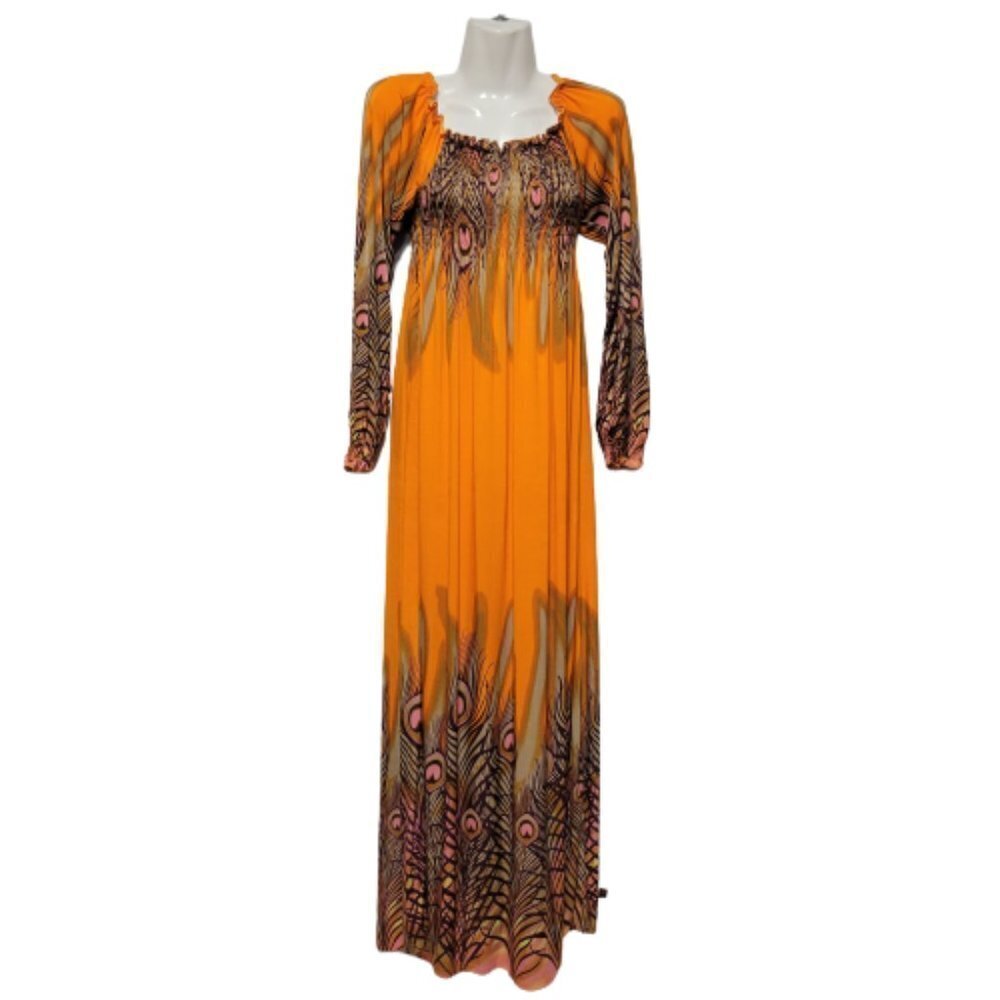 Long Sleeve Maxi Dress Peacok Motif Long Dress - One Size Fits Most- NEW !